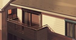 Rule 34 | balcony, building, commentary request, curtains, from above, hakuurei amano, highres, house, no humans, original, outdoors, scenery, shadow, sunset, watermark, window