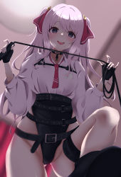 Rule 34 | 1girl, absurdres, belt, black belt, black choker, black eyes, black gloves, black shorts, blush, breasts, choker, collared shirt, dominatrix, artistic error, fingerless gloves, from below, gloves, goddess of victory: nikke, hair ribbon, heavy breathing, high-waist shorts, highres, holding, holding whip, indoors, kana (wucz8478), lights, long hair, long sleeves, looking at viewer, loose belt, micro shorts, mole, mole under mouth, name tag, naughty face, necktie, open mouth, pink hair, pov, red necktie, red ribbon, ribbon, shirt, shirt tucked in, shorts, sidelocks, small breasts, solo, stepped on, thigh strap, white shirt, yuni (nikke)