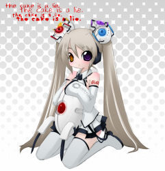 Rule 34 | 1girl, :&lt;, character name, cosplay, detached sleeves, english text, glados, glados-tan, hairpods, hatsune miku, heterochromia, hug, ichi kazu, kazu01 (artist), long hair, hugging object, personification, portal (series), portal 1, skirt, solo, spoilers, thighhighs, turret, sentry turret (portal), twintails, valve, vocaloid, white hair, white thighhighs, zettai ryouiki