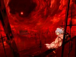 Rule 34 | 1girl, bat (animal), cloud, dress, female focus, fence, graveyard, moon, night, outdoors, red eyes, red moon, red theme, remilia scarlet, sky, solo, ton (pixiv37657), touhou, white hair, wings