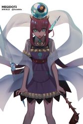 Rule 34 | 1girl, artist name, copyright name, dress, earrings, fucodoku, highres, horns, jewelry, long hair, megido72, multicolored eyes, pink hair, ringed eyes, shawl, sidelocks, simple background, solo, tiamat (megido72), timestamp, white background