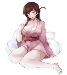 Rule 34 | 1girl, absurdres, ahoge, bare legs, barefoot, breasts, brown eyes, brown hair, character request, cleavage, copyright request, highres, japanese clothes, kanojo okarishimasu, kimono, large breasts, long hair, looking at viewer, mizuhara chizuru, open mouth, pink kimono, sash, sitting, solo, tommy (kingdukeee)