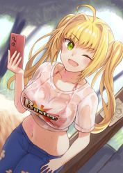 Rule 34 | 1girl, ;d, absurdres, ahoge, alternate costume, bikini, bikini top only, blonde hair, breasts, buster shirt, cellphone, cleavage, collarbone, cowboy shot, crop top, denim, english text, fate/grand order, fate (series), from above, green eyes, hand in pocket, hand up, highres, holding, holding phone, jeans, large breasts, long hair, looking at viewer, midriff, navel, nero claudius (fate), nero claudius (fate) (all), nero claudius (fate/extra), nero claudius (swimsuit caster) (fate), official alternate hairstyle, one eye closed, open mouth, pants, phone, red bikini, reijgr (ff9999x), shadow, shirt, short sleeves, smartphone, smile, solo, summer, swimsuit, torn clothes, torn jeans, torn pants, tree, twintails, two-tone bikini, wet, wet clothes, wet shirt, white bikini, white shirt