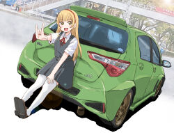 Rule 34 | 1girl, \m/, blonde hair, blunt bangs, blush, brown footwear, car, collared shirt, dress, dutch angle, green eyes, grey dress, hairband, heanna sumire, highres, lens flare, loafers, long hair, looking at viewer, love live!, love live! superstar!!, maruyo, motor vehicle, neck ribbon, pinafore dress, red hairband, red ribbon, ribbon, school uniform, shirt, shoes, short sleeves, sidelocks, sleeveless, sleeveless dress, solo, summer uniform, thighhighs, toyota, toyota vitz, white shirt, white thighhighs, yuigaoka school uniform