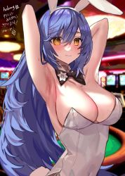 Rule 34 | 1girl, absurdres, animal ears, arms behind head, blue hair, blush, bow, bowtie, breasts, casino, casino card table, covered navel, detached collar, embarrassed, fake animal ears, girls&#039; frontline, hair between eyes, hexagram, highres, indoors, large breasts, leotard, long hair, playboy bunny, rabbit tail, rum raisin (chihiromakita19), side-tie leotard, signature, slot machine, solo, star of david, table, tail, tar-21 (girls&#039; frontline), tar-21 (night at the bar) (girls&#039; frontline), traditional bowtie, white leotard, yellow eyes