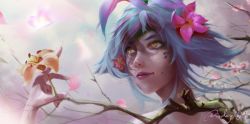 Rule 34 | 1girl, absurdres, artist name, branch, cherry blossoms, closed mouth, flower, green hair, grey background, hair flower, hair ornament, highres, holding, holding flower, league of legends, multicolored hair, neeko (league of legends), orange eyes, orange flower, pink flower, pink hair, slit pupils, smile, solo, winday (fejh5255)