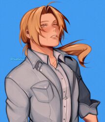 Rule 34 | 1boy, ahoge, aiphelix, blonde hair, blurry, blurry background, blush, collared shirt, edward elric, fullmetal alchemist, grey shirt, highres, long hair, long sleeves, looking at viewer, low ponytail, male focus, one eye closed, parted lips, shirt, simple background, toothpick, upper body, yellow eyes