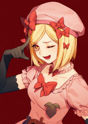 Rule 34 | 1girl, aluce, beret, black gloves, blonde hair, bow, breasts, collarbone, dress, elbow gloves, gloves, hair bow, hat, highres, jewelry, lambdadelta, looking at viewer, lower teeth only, necklace, one eye closed, open mouth, pearl necklace, pink dress, pink hat, puffy short sleeves, puffy sleeves, red background, red bow, short sleeves, simple background, small breasts, smile, solo, teeth, umineko no naku koro ni, upper body, witch, yellow eyes