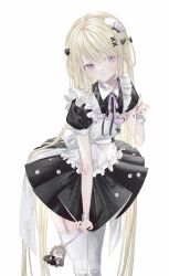 Rule 34 | 1girl, absurdly long hair, absurdres, apron, barefoot, black dress, blonde hair, blush, character doll, choker, dress, flower, garter straps, hair ornament, hair ribbon, hat, highres, holding, holding spoon, long hair, looking at viewer, maid, mini hat, msa (fary white), neck ribbon, original, purple choker, purple eyes, purple ribbon, ribbon, simple background, slit pupils, smile, solo, spoon, thighhighs, very long hair, white apron, white background, white thighhighs, wrist cuffs, x hair ornament