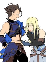 Rule 34 | 2boys, abs, armor, belt, blonde hair, blue cape, breastplate, brown belt, brown hair, cape, diarmuid ua duibhne (lancer) (fate), diarmuid ua duibhne (saber), diarmuid ua duibhne (saber) (fate), fate/grand order, fate (series), fionn mac cumhaill (fate/grand order), long hair, looking at another, male focus, midriff, mole, mole under eye, multiple boys, open mouth, poking, simple background, sleeveless, smile, sweatdrop, white background