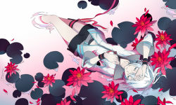 Rule 34 | 1girl, armband, bad id, bad pixiv id, belt, closed eyes, flower, hand on own head, headphones, lily (flower), lily pad, lying, mouseqi, short hair, short shorts, shorts, solo, thigh strap, vocaloid, vocanese, water, white hair, yan he, yanhe