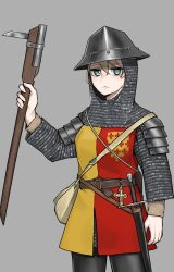 Rule 34 | 1girl, absurdres, antique firearm, armor, bag, belt, black pants, blonde hair, brown belt, chainmail, closed mouth, firearm, green eyes, grey background, gun, hand up, helmet, highres, looking at viewer, medieval, original, pants, pzkpfwi, scabbard, sheath, short hair, shoulder bag, simple background, solo, sword, tabard, weapon, weapon request