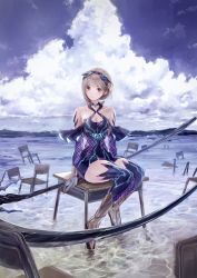 Rule 34 | 1girl, bare shoulders, blue reflection (series), blue reflection tie, blue sky, boots, brown eyes, chair, cloud, commentary request, desk, highres, hoshizaki ao, key visual, kishida mel, knee boots, light brown hair, looking at viewer, official art, on desk, promotional art, scythe, short hair, sitting, sky, solo, thighhighs, water