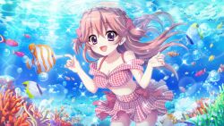 Rule 34 | 1girl, :d, bikini, bikini skirt, bow, breasts, bubble, cleavage, clownfish, collarbone, coral reef, dot nose, film grain, fish, fish request, game cg, haeno akari, hair bow, izumi tsubasu, large breasts, lens flare, long hair, looking at viewer, navel, non-web source, official art, open mouth, pink hair, plaid, plaid bikini, purple eyes, re:stage!, red bikini, red bow, red skirt, skirt, smile, solo, sparkle, sunlight, swimsuit, two side up, underwater