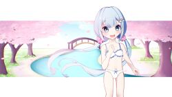Rule 34 | 1girl, amami ami, belly, blue eyes, blue hair, blush, blush stickers, bra, breasts, bridge, commission, eyebrows, eyelashes, flat chest, hair ornament, hair ribbon, highres, knees up, lake, looking at viewer, navel, open mouth, panties, petals, prism project, ribbon, sky, small breasts, smile, tree, twintails, underwear, underwear only, virtual youtuber, wallpaper, white bra, white panties