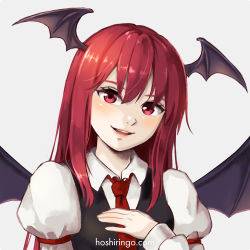 Rule 34 | 1girl, bat wings, black vest, blouse, close-up, collared shirt, commentary request, demon girl, demon wings, hand on own chest, happy, head tilt, head wings, hoshiringo0902, juliet sleeves, koakuma, lips, long hair, long sleeves, looking at viewer, necktie, parted bangs, parted lips, puffy sleeves, red eyes, red hair, red lips, red necktie, shirt, sidelocks, simple background, touhou, very long hair, vest, white background, white shirt, wings