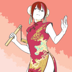 Rule 34 | 1girl, bare hips, black eyes, brown hair, bun cover, china dress, chinese clothes, commentary request, double bun, dress, hair bun, highres, holding, looking up, nunchaku, original, pale skin, ribbon, short hair, simple background, sketch, sleeveless, solo, tanaka hirotaka, tareme, upper body, weapon
