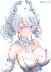 Rule 34 | 1girl, blush, breasts, cleavage, demon girl, demon horns, demon wings, dress, duel monster, gloves, grey eyes, grey hair, highres, horns, large breasts, looking at viewer, lovely labrynth of the silver castle, low wings, pointy ears, simple background, solo, spread cleavage, stoneriver ilst, transparent wings, twintails, white background, white hair, white horns, wings, yu-gi-oh!