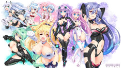 Rule 34 | &gt;:), &gt;:d, 10s, 6+girls, :d, ;d, ahoge, aqua eyes, arms up, ass, barcode, bare shoulders, black heart (neptunia), black legwear, black sister, blanc (neptunia), blonde hair, blue eyes, blue hair, blush, bodysuit, boots, braid, breasts, center opening, cleavage, cleavage cutout, clenched hands, clothing cutout, collar, copyright name, covered navel, drill hair, female focus, full body, gradient hair, green hair, green heart (neptunia), hair intakes, hair ornament, hand on own hip, heart, heart in mouth, highres, holding hands, huge breasts, interlocked fingers, iris heart, kami jigen game neptune v, large breasts, leotard, long hair, mecha musume, multicolored hair, multiple girls, navel, nepgear, neptune (neptunia), neptune (series), noire (neptunia), one eye closed, open mouth, orange eyes, outstretched arm, panties, pink eyes, pink hair, pish, ponytail, power symbol, power symbol-shaped pupils, purple eyes, purple hair, purple heart (neptunia), purple sister, pururut, ram (neptunia), red eyes, revealing clothes, rom (neptunia), shinozuka atsuto, siblings, sidelocks, sisters, smile, symbol-shaped pupils, thigh boots, thigh gap, thighhighs, thong, twin braids, twin drills, twins, twintails, underwear, uni (neptunia), v-shaped eyebrows, vert (neptunia), very long hair, white hair, white heart (neptunia), white legwear, wink, yellow heart (neptunia)
