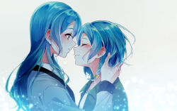 Rule 34 | 2girls, aqua hair, bang dream!, blue jacket, blush, bow, braid, closed eyes, commentary request, green eyes, green jacket, green shirt, hair bow, hikawa hina, hikawa sayo, imminent kiss, incest, jacket, light rays, long hair, looking at another, medium hair, multiple girls, shirt, siblings, smile, toto (sa-dosama), twin braids, twincest, twins, white background, white shirt, yuri