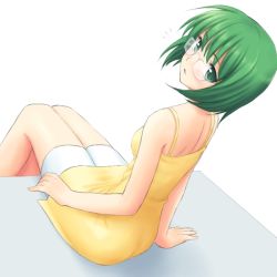 Rule 34 | 1girl, atsukan, glasses, green eyes, green hair, looking back, matching hair/eyes, solo, unknown