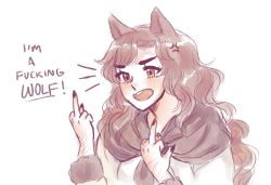 Rule 34 | 1girl, anger vein, angry, animal ears, body hair, brooch, brown eyes, brown hair, double middle finger, english text, fingernails, imaizumi kagerou, jewelry, long hair, middle finger, orz (kagewaka), profanity, round teeth, solo, teeth, touhou, very long hair, wavy hair, wolf ears