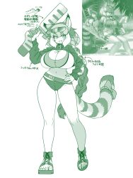 Rule 34 | 1girl, animal ears, bikini, breasts, cat ears, cat girl, cat tail, extra ears, green theme, highres, jungle cat (kemono friends), kemono friends, kemono friends v project, large breasts, long hair, looking at viewer, monochrome, navel, ribbon, sandals, simple background, solo, sunglasses, swimsuit, tail, virtual youtuber, water gun, yoshida hideyuki