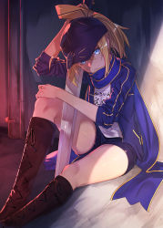 Rule 34 | 1girl, ahoge, artoria pendragon (fate), baseball cap, black shorts, blonde hair, blue eyes, blue scarf, boots, closed mouth, cross-laced footwear, day, excalibur (fate/stay night), fate/grand order, fate (series), hair through headwear, hat, highres, himitsucalibur (fate), ibuki notsu, knee boots, long hair, looking at viewer, mysterious heroine x (fate), outdoors, ponytail, rojiura satsuki: chapter heroine sanctuary, scarf, shade, short shorts, shorts, sidelocks, sitting, solo, sword, thighs, tsurime, weapon