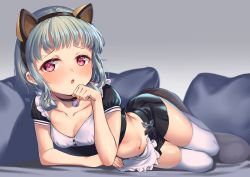 Rule 34 | 1girl, absurdres, alternate costume, animal ears, apron, ass, bed sheet, bell, blunt bangs, blush, breasts, cat ears, cat girl, cat tail, cleavage, collarbone, commentary request, enmaided, fake animal ears, fake tail, genshin impact, highres, looking at viewer, lying, maid, maid apron, midriff, navel, neck bell, on stomach, parted lips, paw pose, piano-alice, pillow, pleated skirt, puffy short sleeves, puffy sleeves, purple eyes, sayu (genshin impact), short hair, short sleeves, shuriken, sidelocks, silver hair, simple background, skirt, solo, tail, thighhighs, twisted torso, weapon, white thighhighs, zettai ryouiki