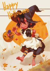 Rule 34 | 1girl, alkemanubis, apron, autumn leaves, barefoot, black dress, black hair, black headwear, blush, bucket, candy, candy corn, colored skin, demon, demon girl, demon horns, demon tail, dress, fence, flower, food, grass, halloween, halloween bucket, halloween costume, hand on own hip, happy halloween, hat, highres, horns, jack-o&#039;-lantern, leaf, lollipop, looking at viewer, open mouth, orange pantyhose, pantyhose, pointy ears, pumpkin, red skin, short hair, short sleeves, smile, standing, striped clothes, striped pantyhose, tail, tongue, tongue out, white apron, witch, witch hat, yellow eyes
