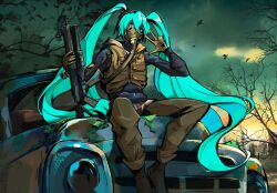 Rule 34 | 1girl, bird, blue hair, boots, cloud, cloudy sky, gas mask, gloves, gun, hatsune miku, highres, iirych, long hair, mask, motor vehicle, pp-19 bizon, sitting, sky, solo, stalker (game), submachine gun, tree, truck, twintails, v, vest, vocaloid, weapon