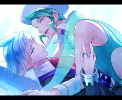 Rule 34 | 2boys, aqua eyes, bare shoulders, closed mouth, collared shirt, commentary request, creatures (company), eyelashes, game freak, green hair, hat, jacket, jewelry, letterboxed, long sleeves, looking at viewer, male focus, multiple boys, nintendo, open mouth, pokemon, pokemon oras, ring, shirt, silver hair, steven stone, tongue, tsuneo (popcoansuki), wallace (pokemon), white shirt