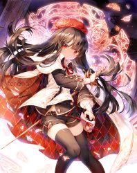 Rule 34 | 1girl, artist name, bag, beret, black shirt, black thighhighs, brown hair, cape, coat, collared shirt, commission, feet out of frame, focused, glass, glowing, handbag, hat, highres, jacket, jumping, long hair, long sleeves, looking at viewer, multicolored clothes, night, original, red cape, red eyes, red hat, ribbon, shards, shirt, short shorts, shorts, signature, sleeve cuffs, solo, straight hair, sword, thighhighs, tonowa, weapon, white shirt
