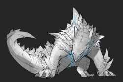 Rule 34 | 2021, all fours, ambiguous gender, capcom, claws, crossover, digitigrade, godzilla, godzilla (series), grey background, highres, monster hunter (series), reptile, scales, simple background, solo, unfinished, white scales, xezeno