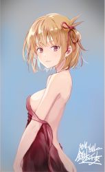 Rule 34 | 1girl, back, bare shoulders, blonde hair, blue background, breasts, butt crack, clothes pull, dress, dress pull, from side, hair ribbon, looking at viewer, looking to the side, lycoris recoil, medium breasts, nishikigi chisato, one side up, parted lips, red dress, red eyes, red ribbon, ribbon, short hair, sideboob, signature, simple background, solo, testayc1, undressing