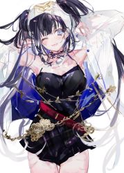 Rule 34 | 1girl, arms up, belt, black dress, black hair, blue eyes, blush, breasts, buttons, cowboy shot, dress, jacket, large breasts, long hair, one eye closed, open clothes, open jacket, original, red belt, shia job, smile, solo, spaghetti strap, twintails, white jacket