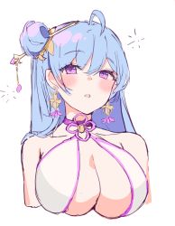 Rule 34 | 1girl, absurdres, bare shoulders, blue hair, breasts, choker, collarbone, destiny child, earrings, hair ornament, hairpin, highres, jewelry, large breasts, long hair, looking at viewer, purple eyes, theophano (destiny child), upper body, white background