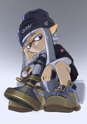 Rule 34 | 1girl, bags under eyes, black headwear, black shirt, black shorts, brown footwear, closed mouth, from below, grey background, grey hair, highres, holding, holding weapon, humanlynn, inkling, inkling (language), inkling girl, inkling player character, looking at viewer, nintendo, pointy ears, shirt, shorts, simple background, sitting, solo, splatoon (series), splatoon 3, sploosh-o-matic (splatoon), tentacle hair, thick eyebrows, weapon