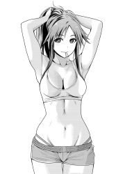 Rule 34 | 1girl, armpits, arms up, breasts, cleavage, collarbone, commentary request, covered mouth, cowboy shot, dolphin shorts, greyscale, hair tie, highres, himekawa yuki, idolmaster, idolmaster cinderella girls, kashiwagi tatsuya, long hair, looking at viewer, medium breasts, micro shorts, monochrome, navel, parted bangs, ponytail, shorts, sidelocks, simple background, smile, solo, sports bra, stomach, thigh gap, thong, tying hair, white background