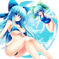 Rule 34 | 2girls, :d, alternate breast size, aqua hair, bikini, blue bikini, blue bow, blue eyes, blue hair, blue one-piece swimsuit, blush, bow, breasts, cirno, cleavage, collarbone, dual persona, flying, front-tie bikini top, front-tie top, green bow, hair bow, hand on own chest, ice, ice wings, large breasts, long hair, looking at viewer, micro bikini, multiple girls, aged up, one-piece swimsuit, open mouth, osashin (osada), short hair, side-tie bikini bottom, sitting, sky, smile, strap gap, swimsuit, touhou, underboob, very long hair, wings