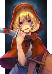 Rule 34 | 1girl, apron, basket, blonde hair, blood, bloody weapon, blue eyes, border, bow, bulleta, dagger, dress, hinoru saikusa, holding, holding dagger, holding knife, holding weapon, hood, knife, open mouth, picnic basket, red dress, red hood, ribbon, shaded face, shawl, shoes, short hair, simple background, solo, vampire (game), weapon, white border