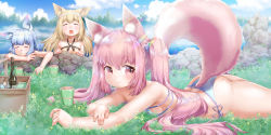 Rule 34 | 3girls, absurdres, animal ear fluff, animal ears, ass, bikini, blonde hair, blue hair, bottle, breasts, chinese commentary, commentary request, cup, closed eyes, fox ears, fox girl, fox tail, highres, long hair, lying, multiple girls, on stomach, onsen, open mouth, original, outdoors, partially submerged, pink eyes, pink hair, short hair, side-tie bikini bottom, small breasts, smile, swimsuit, tail, thighs, twintails, white bikini, wine bottle, zhainan xiao zhao
