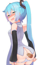 Rule 34 | 1girl, abmayo, anal, aqua eyes, aqua hair, ass, bare shoulders, black sleeves, black thighhighs, blush, breasts, cleft of venus, cowboy shot, cum, cum in ass, cum overflow, detached sleeves, disembodied penis, from behind, hair between eyes, hair ornament, happy sex, hatsune miku, hetero, long hair, long sleeves, looking at viewer, looking back, nose blush, open mouth, panties, panty pull, penis, pulled by self, pussy, pussy peek, sex, shirt, simple background, sleeveless, sleeveless shirt, small breasts, solo focus, standing, standing sex, striped clothes, striped panties, tagme, thighhighs, twintails, uncensored, underwear, very long hair, vocaloid, white background