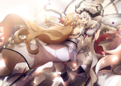 Rule 34 | 2girls, armor, armored dress, blonde hair, blue eyes, chain, dress, fate/grand order, fate (series), faulds, headpiece, highres, holding hands, jeanne d&#039;arc (fate), jeanne d&#039;arc (ruler) (fate), jeanne d&#039;arc (third ascension) (fate), long hair, marie antoinette (fate), marie antoinette (third ascension) (fate), multiple girls, no-kan, open mouth, plackart, silver hair, sleeveless, sleeveless dress, thighhighs, twintails, very long hair, white dress, white headwear, yuri