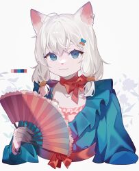 Rule 34 | 1girl, :3, animal ears, blue eyes, bow, cat ears, cat girl, color guide, cropped torso, earrings, female focus, fish hair ornament, frills, furry, furry female, hair ornament, hand fan, highres, jewelry, bowtie, original, pink bow, short twintails, single earring, solo, taegax, twintails, upper body, white background, white fur, white hair