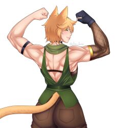 Rule 34 | 1girl, animal ears, arms behind back, blonde hair, breasts, cat girl, cat tail, emma pressure, green eyes, highres, muscular, muscular female, short hair, smile, tail