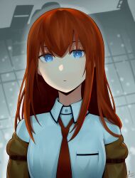 Rule 34 | 1girl, absurdres, artist name, blue eyes, blurry, blurry background, breast pocket, breasts, brown coat, building, close-up, coat, commentary, dress shirt, expressionless, hair between eyes, highres, long hair, looking at viewer, loose necktie, makise kurisu, medium breasts, necktie, off shoulder, open clothes, open coat, piancaesar, pocket, portrait, red hair, red necktie, romaji commentary, satellite, shirt, signature, snowing, solo, square pupils, steins;gate, upper body, white shirt