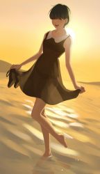 Rule 34 | 1girl, :d, ^ ^, aconitea, barefoot, black hair, closed eyes, dutch angle, full body, highres, holding, holding shoes, open mouth, original, plantar flexion, see-through, shoes, short hair, sky, smile, solo, standing, standing on one leg, sun, wading, water