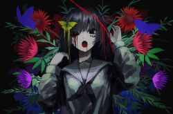 Rule 34 | 1girl, black background, black hair, black neckerchief, blood, blood from mouth, bloody tears, blue butterfly, blue eyes, blue flower, bug, butterfly, butterfly on head, dilated pupils, flower, grey sailor collar, grey serafuku, grey shirt, hand up, hidariri, horror (theme), insect, leaf, long hair, long sleeves, looking at viewer, neckerchief, open mouth, original, purple flower, red flower, sailor collar, sailor shirt, school uniform, serafuku, shirt, solo, standing, upper body, yellow butterfly