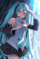 Rule 34 | 1girl, adjusting hair, arm up, backstage, bare shoulders, black skirt, blue eyes, blue hair, blue nails, blue necktie, blush, breasts, collared shirt, cowboy shot, detached sleeves, grey shirt, hand mirror, hatsune miku, headset, highres, holding, holding mirror, kyashii (a3yu9mi), long hair, long sleeves, looking at mirror, medium breasts, miniskirt, mirror, nail polish, necktie, open mouth, pleated skirt, shirt, skirt, solo, twintails, v-shaped eyebrows, very long hair, vocaloid